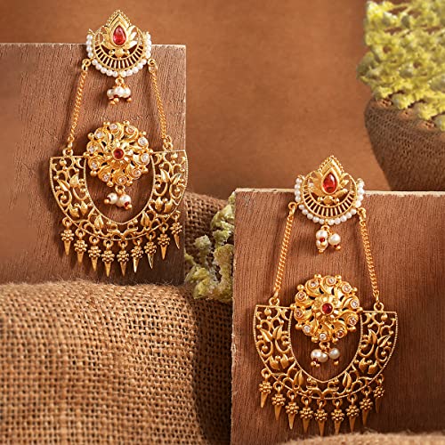 Image of Voylla Abharan Red Stones and Pearls Opulent Drop Earrings