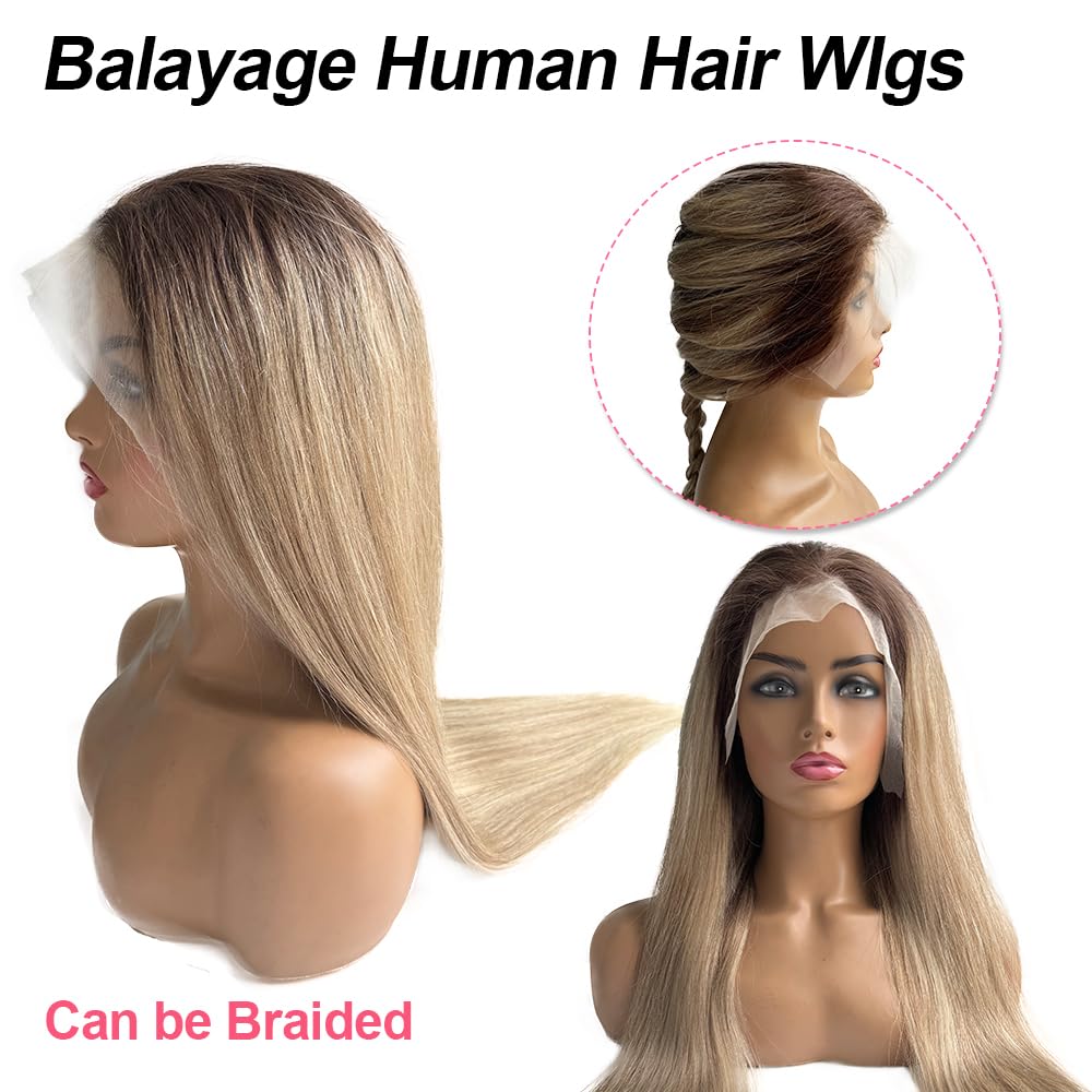 Blonde Highlights Lace Front Wigs Human Hair 13x6 HD Balayage Blonde with Brown Roots Transparent Frontal Wigs 26 Inch Real Hair Pre Plucked Ombre Brown for Women Pre Plucked with Baby Hair