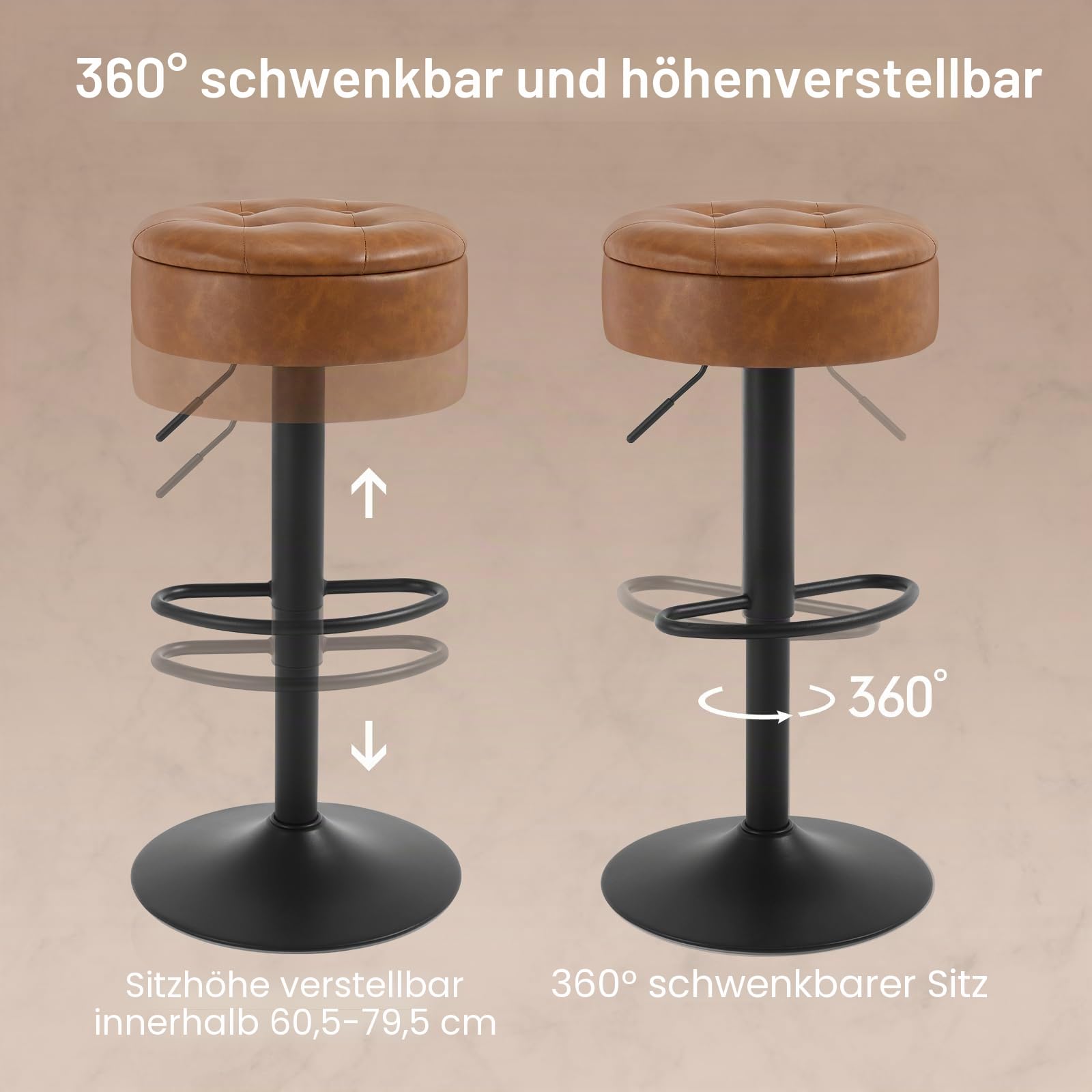 WOLTU Barhocker 2er Set, Sitzhocker mit Stauraum, Hocker höhenverstellbar 360° drehbar, Drehhocker für Kücheninsel Esszimmer Bar Küche Tresen, Kunstleder Metall, Braun