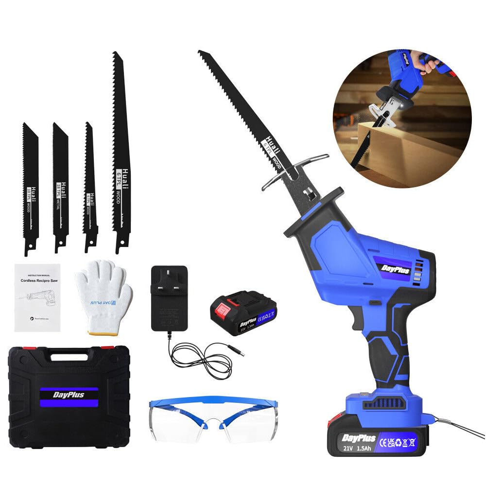 Scie sabre sans fil avec 2 batteries de 1,5 Ah et chargeur, scie électrique alternative avec 4 lames de scie sabre, 1900 tr/min, profondeur de coupe max. 150 mm, pour bois, métal