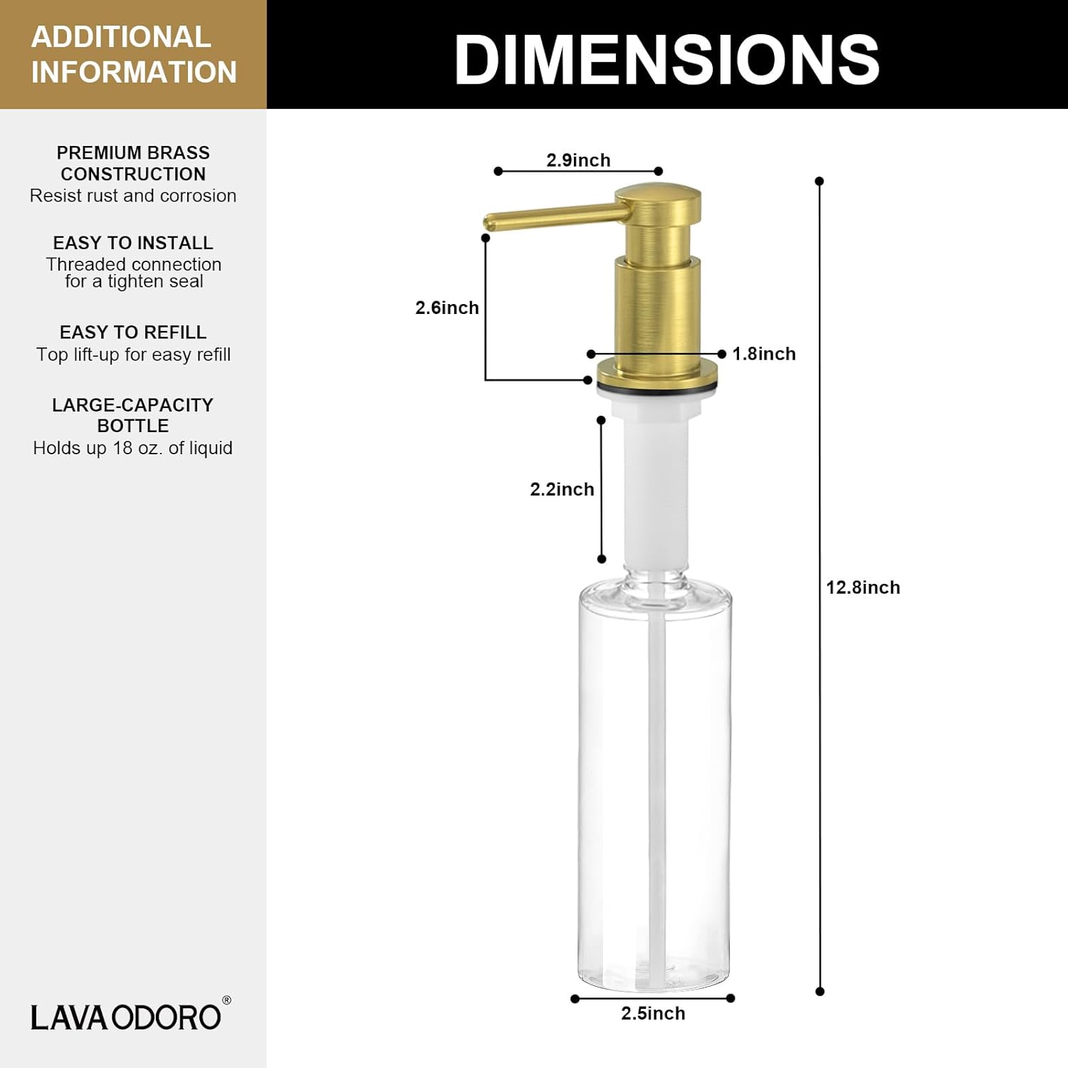 Lava Odoro Gold Soap Dispenser for Kitchen Sink, Modern Brass Built in Countertop Pump Dispenser with 18 Oz Refillable Bottle, Kitchen Soap and Lotion Dispenser Spot-Free, Brushed Gold, KSD-21 - Image 6