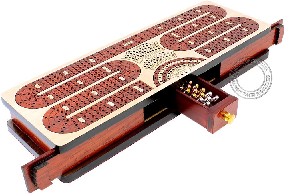 House of Cribbage - Continuous Cribbage Board/Box Inlaid in Maple/Blood Wood : 4 Track - Sliding Lids and Drawer with Score Marking Fields for Skunks, Corners and Won Games