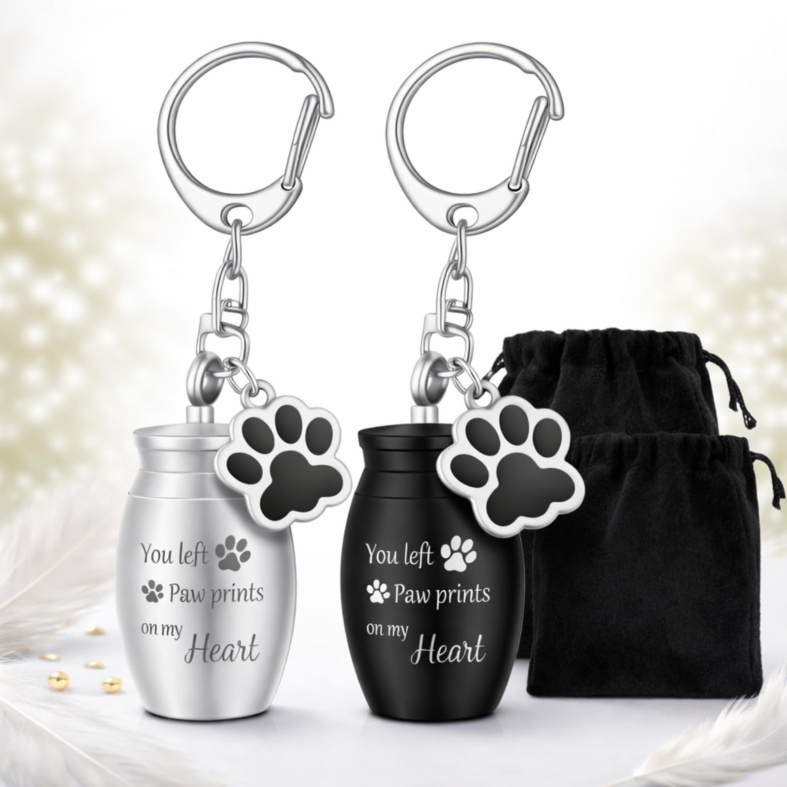 Tudomro 2 Pcs Pet Dog Urns Keychain for Ashes with 2 Storage Bags Small Cat Cremation Keepsake Jewelry Paw Print Memorial Urn