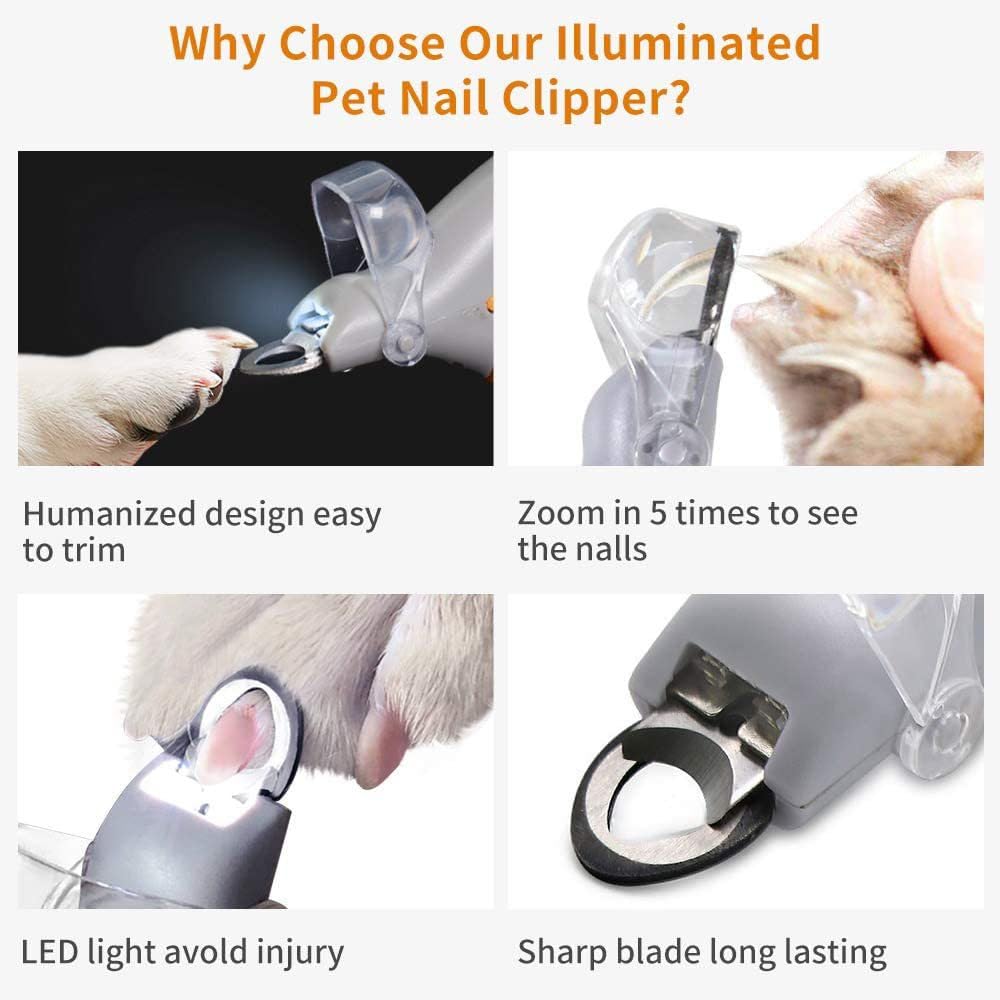 Coupe-ongles LED pour chats et chiens - Ciseaux à ongles lumineux avec lumière pour une coupe précise - Kit de toilettage pour toutes les tailles - Tondeuse à cheveux et outil de soin des griffes