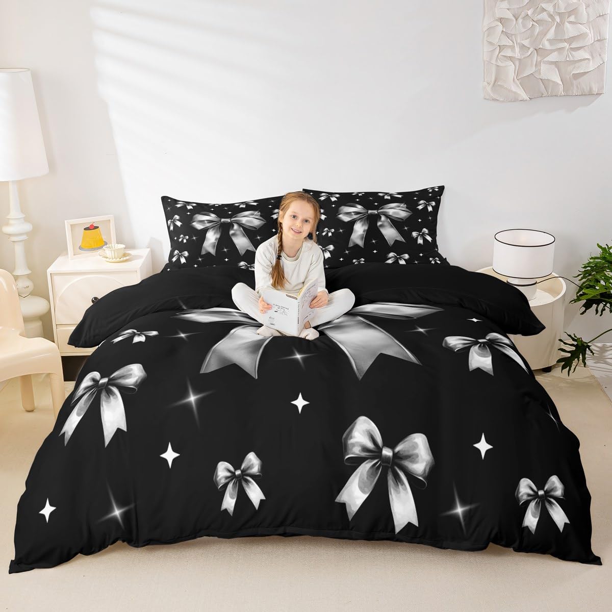 Homewish Black Bowknot Duvet Cover Luxury Princess Style King Bed Set for Kids Boys Girls Bow Tie Ribbon Bedding Set White Stars Print Quilt Cover 3Pcs Bedroom Decor