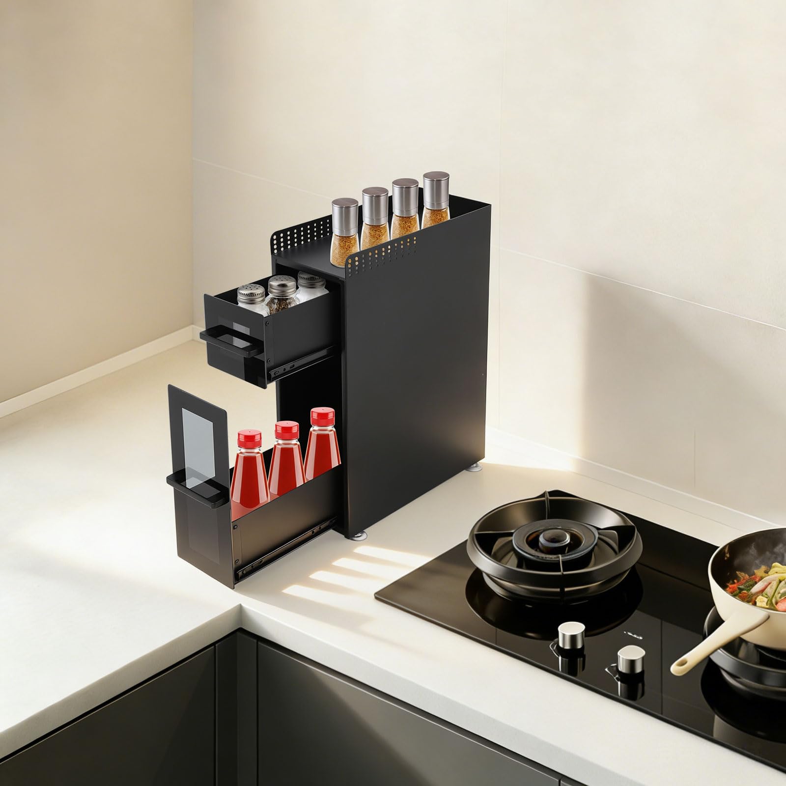 Étagère à épices avec 2 tiroirs, organisateur de cuisine en acier au carbone | Porte-épices à 3 niveaux noir avec crochet pour plan de travail, cuisine, garde-manger