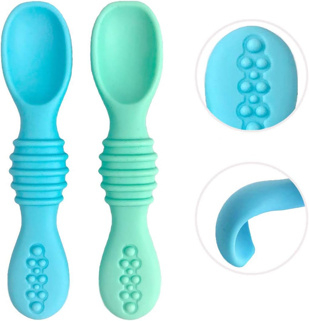 Otterlove Silicone Baby Spoons – 100% Platinum Pure LFGB Silicone Soft-Tip – Self Feeding Training Spoon for Baby Led Weaning (Blue & Green)