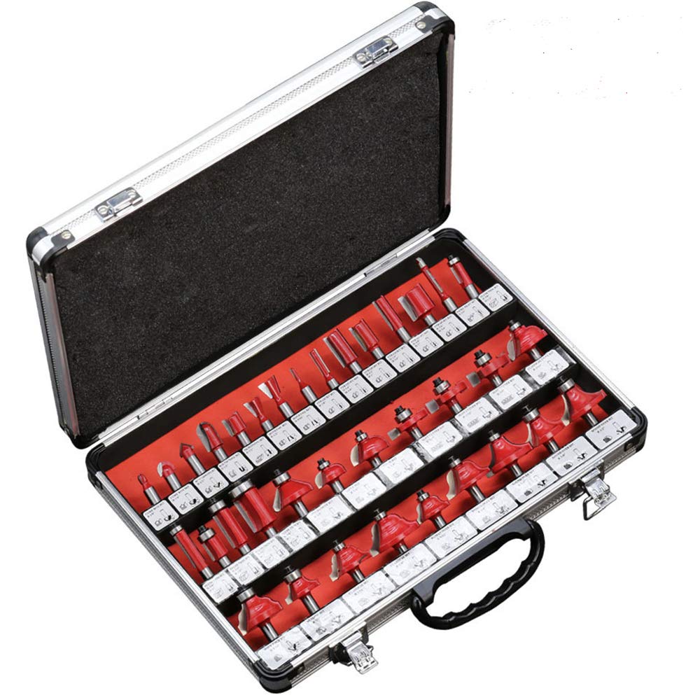 Fräser-Set 35tlg.Oberfräsersatz 1/4" 1/2" 8mm Fräsen Werkzeug Set mit Aluminiumgehäuse für Holz Zubehör Blau/Gelb/Rot