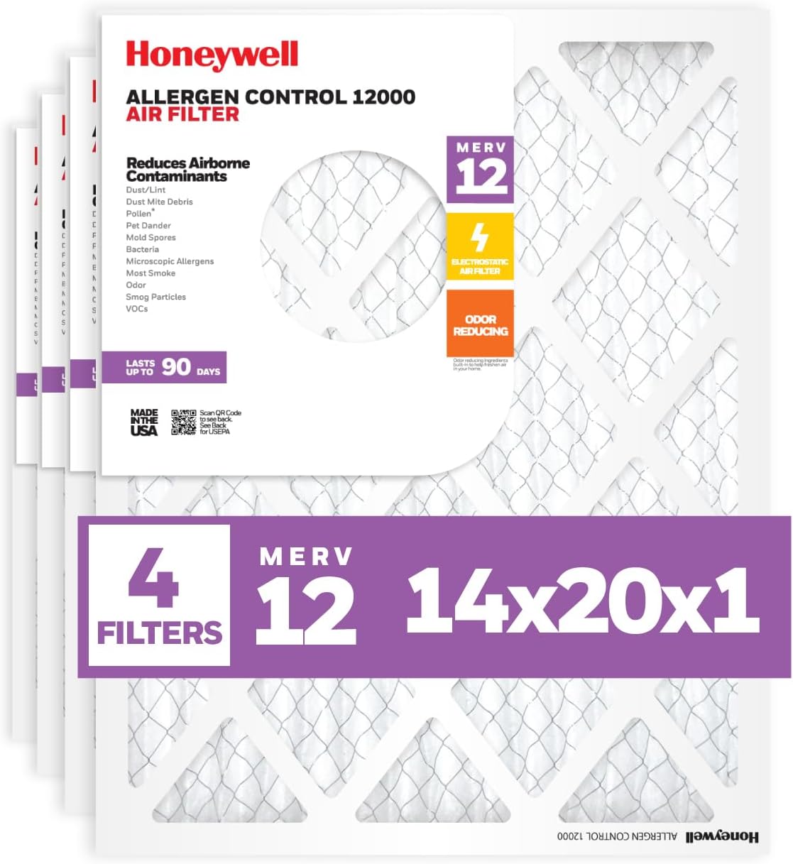Honeywell 14x20x1 MERV 12 Electrostatic Pleated HVAC AC Furnace Air Filter (4-Pack) | Replacement Filter for Home Use | Made in USA