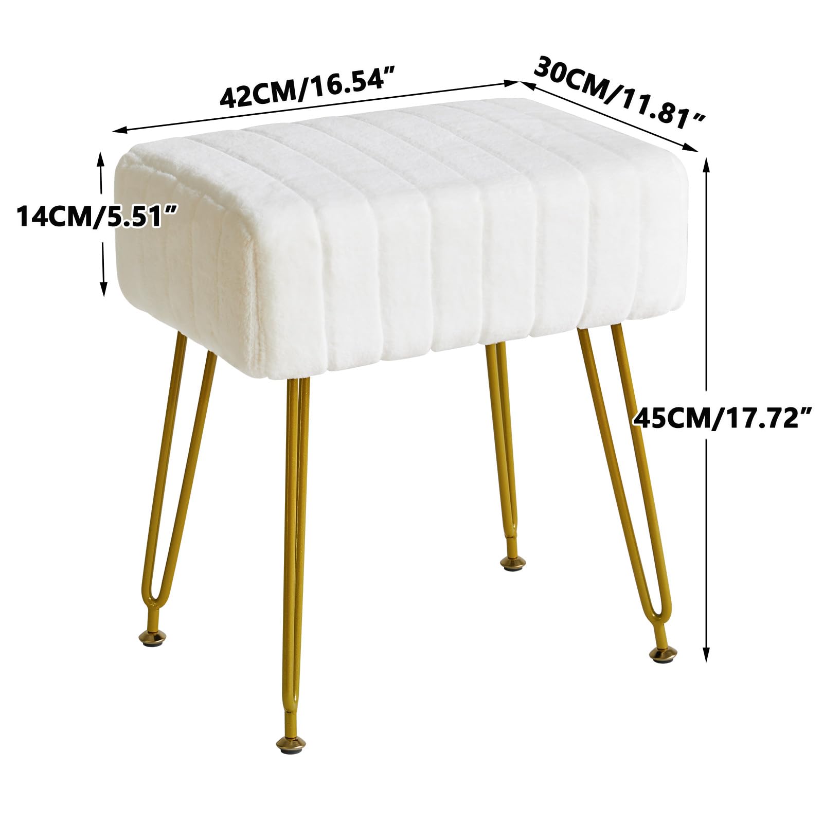 IBUYKE Velvet Rechteckiger Fußstützenstuhl Ottoman, Make-up Eitelkeits Hocker Beistelltisch, Samt Schminktisch Sitz, Pouf Couch Hocker, Goldene Stahlbeine, weiß L/G-51W