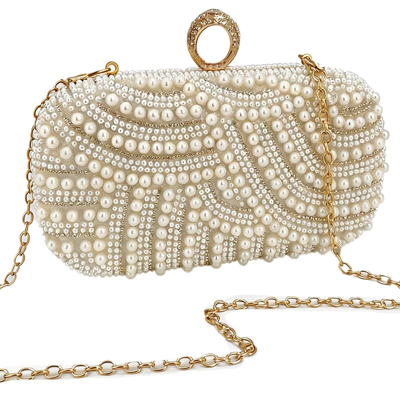 Auuvynx Bolsa clutch feminina de pérola para festa, bolsa de mão para noite - elegante bolsa transversal para festas e eventos formais (bege)
