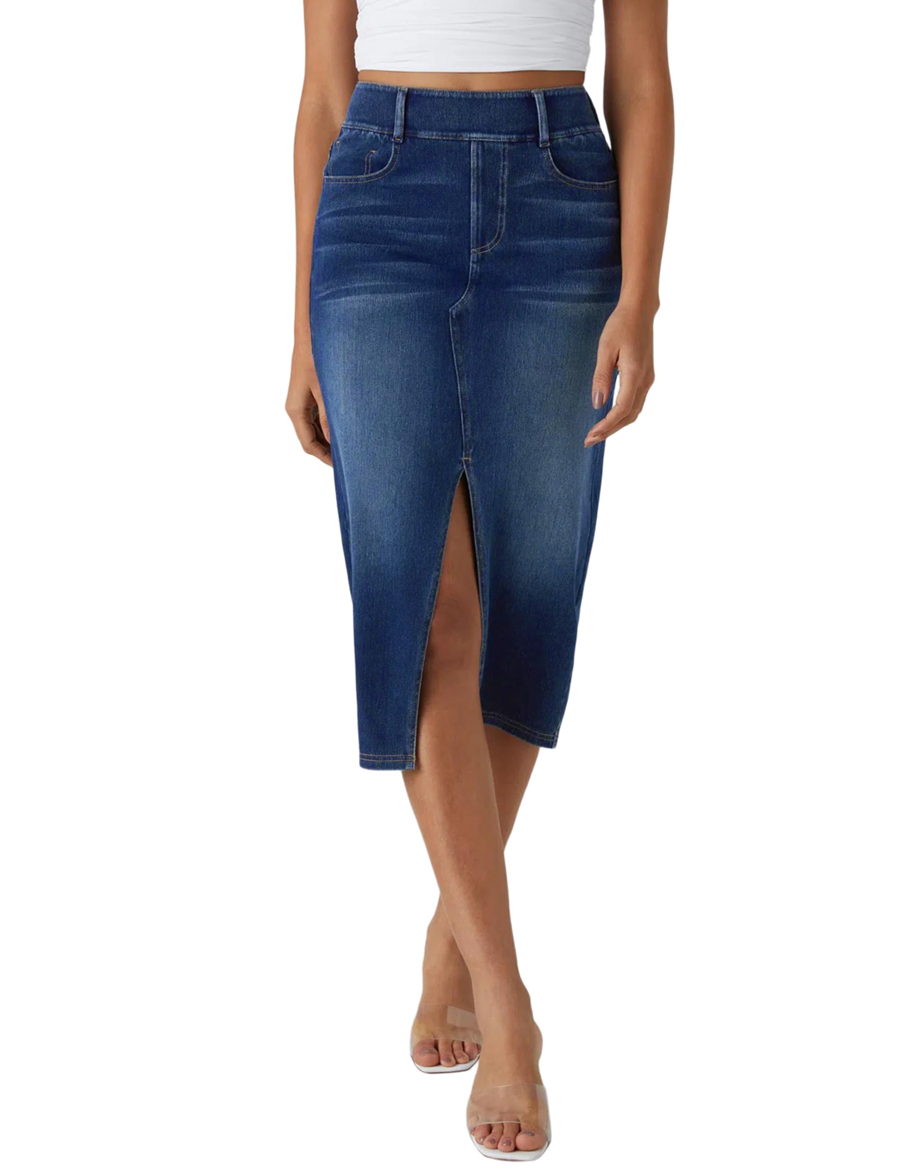 Jeansrock Damen Elastischer Bund Casual Saumschlitz Midi Jeans Rock mit Taschen