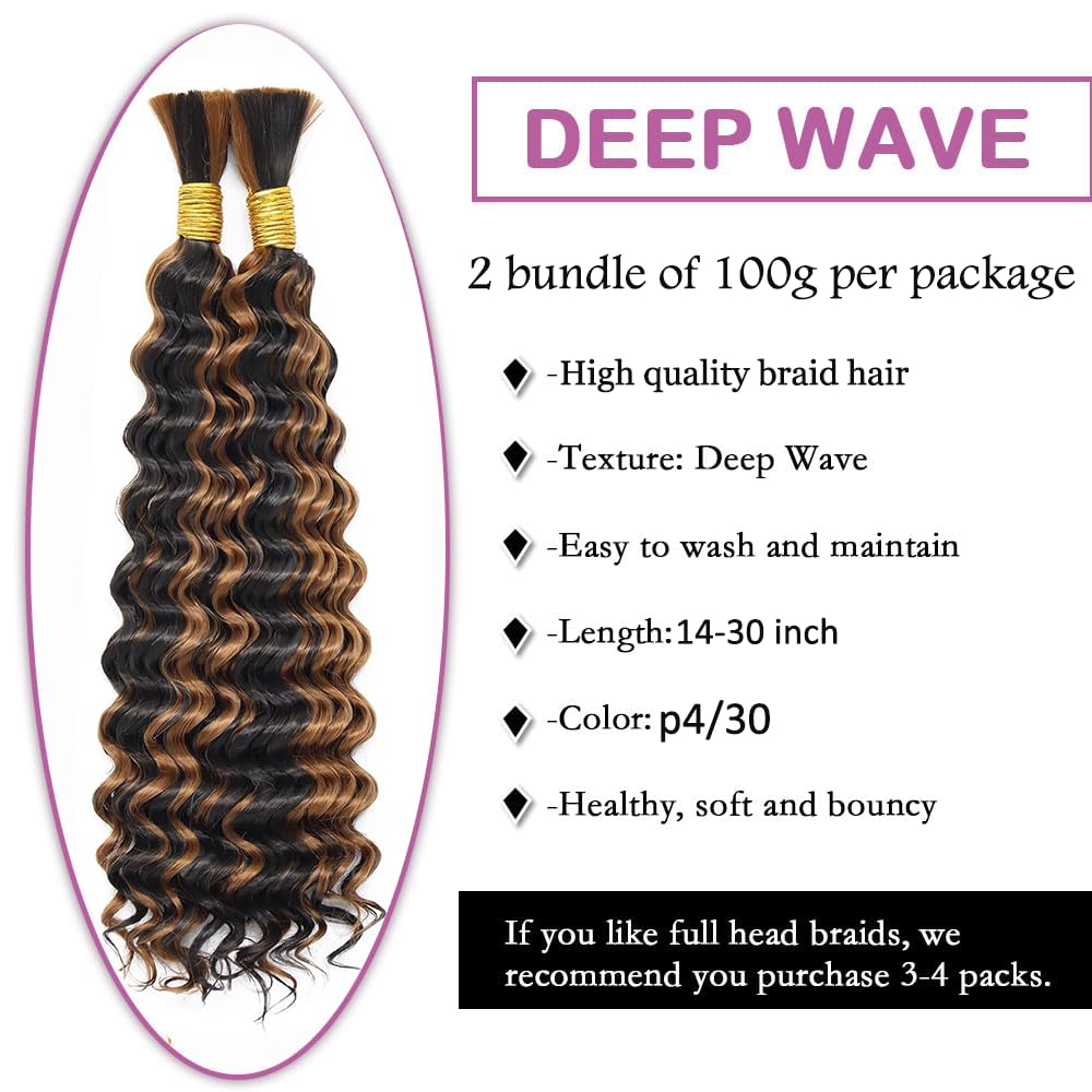Evaxilc Deep Wave Bulk hair For Braiding 2 Bundles/Pack p4/30 Highlight Brown Color Brazilian Virgin No Weft No Smell For Braiding Wavy Human Hair Extensions 30 Inch - Image 3