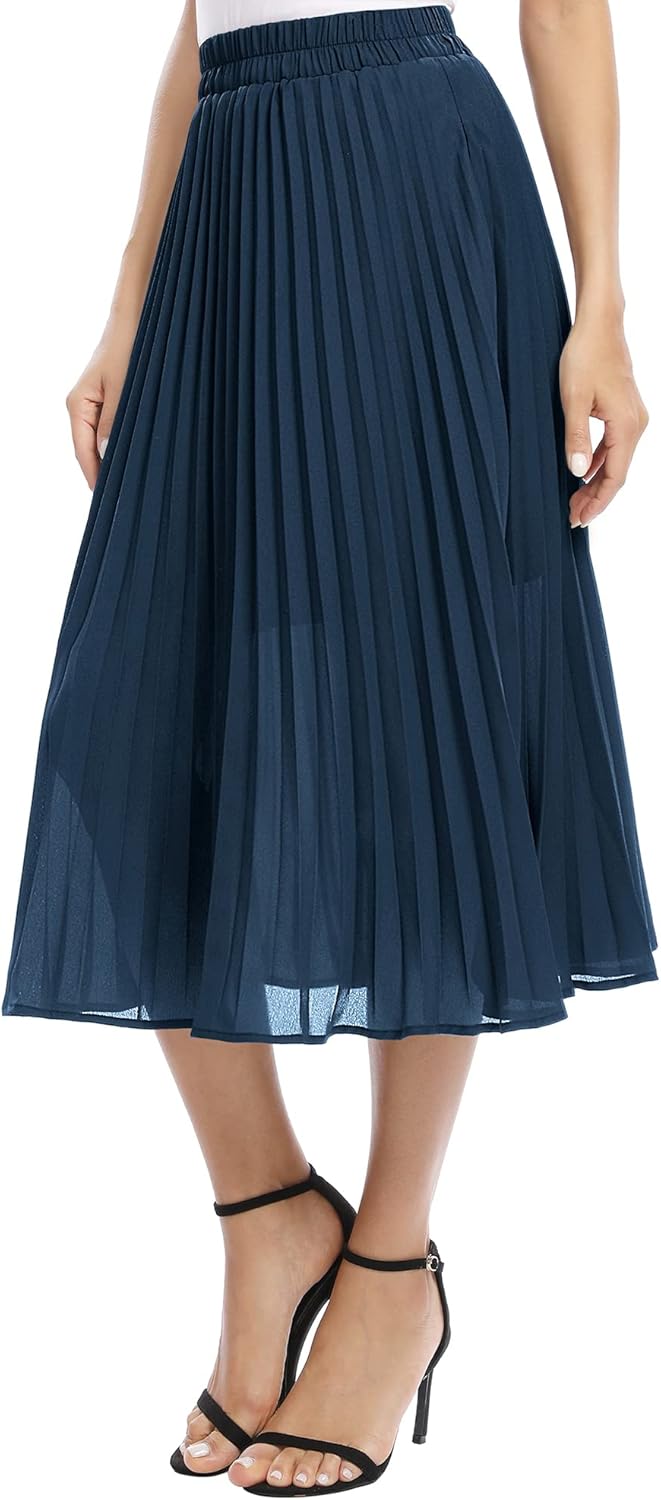 EXCHIC Women's Casual Chiffon Elastic Waist A-Line Pleated Midi Skirt with Pockets - Image 5