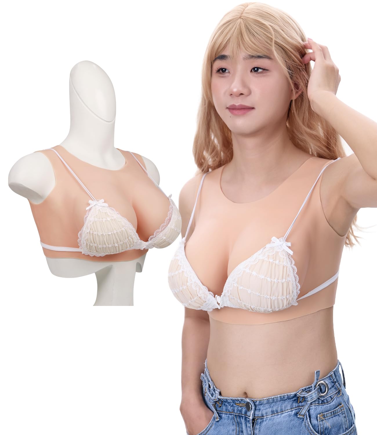 Peikey Silikon Brüste, [Rundhals-Version] Künstliche Brüste mit Geeignete BH, Realistisch Silikonbrustplatten Brustformen für Crossdresser, Weißer Hautton-Hochwertige Füllstoff, B Körbchen