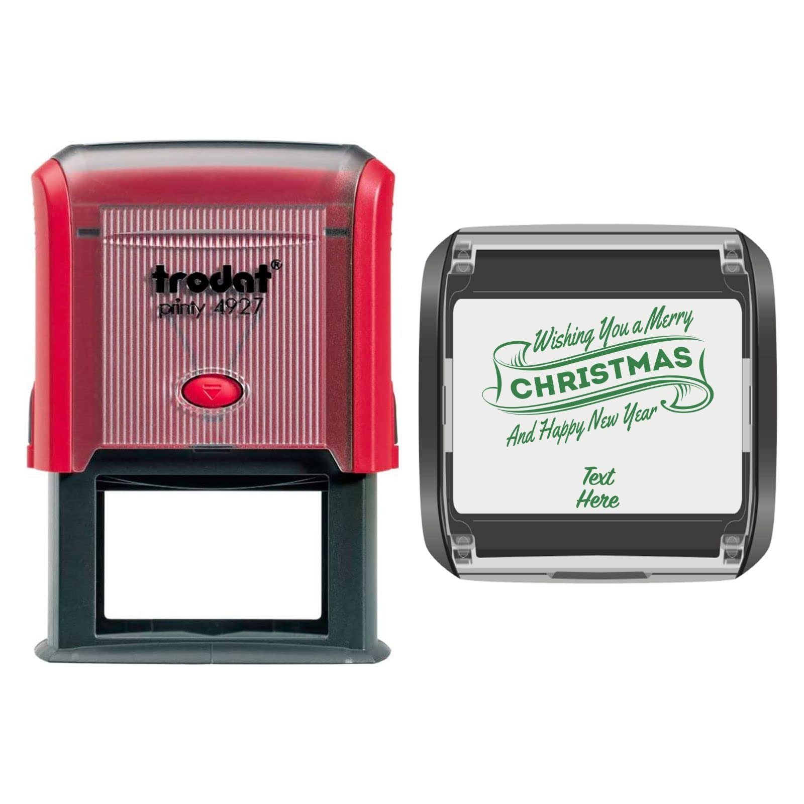 Trodat 4927 Personalised Christmas Card Message/Label Self Inking Rubber Stamp - Wishing a Merry Christmas and Happy New Year in Green Ink with 2 Lines of Customised Text