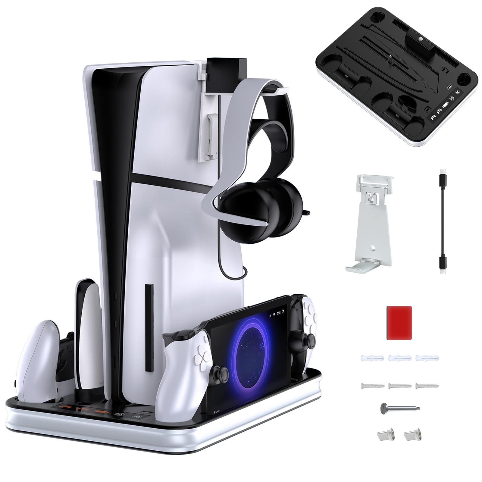 Soporte para PS5/PS5 Slim con PS Portal y Mando PS5 Estación de Carga, Abrazadera Vertical PS5 con Ventilador de 3 Etapas, Base Vertical para P5 Slim/P5 Digital Edition & Disc Edition (Sin luz RGB)