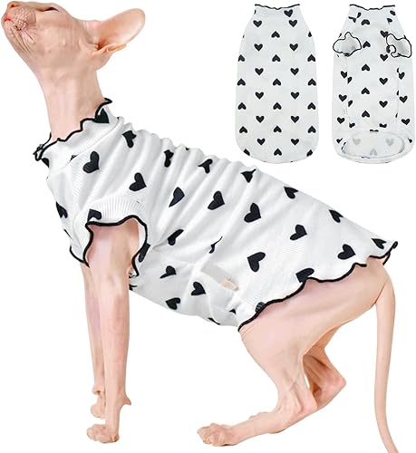 Miniatura 8 de DENTRUN Camisa de gatos sin pelo de Sphynx con patrón de corazón, camisetas de gatito con mangas Perlin, transpirable, lindo suéter adorable sin