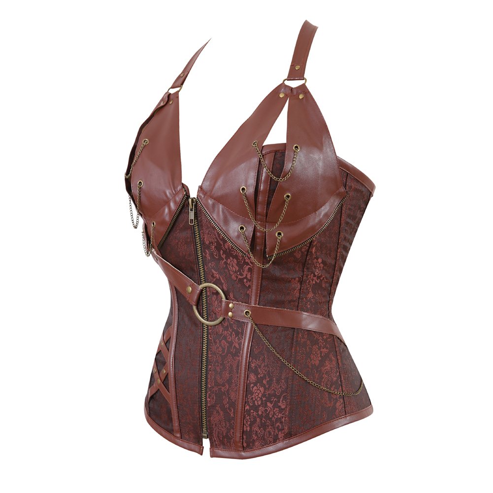 Grebrafan Corset Steampunk Femme Cuir et Jupe Pirate | Déguisement Médiéval Adulte Corset Femme