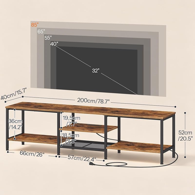 HOOBRO TV Stand with Power Outlets to 85 Inches, TV Console Table with Open Storage Shelves, Industrial Media Entertainment Center for Living Room Bedroom, Rustic Brown and Black BF200UDS01 image 3
