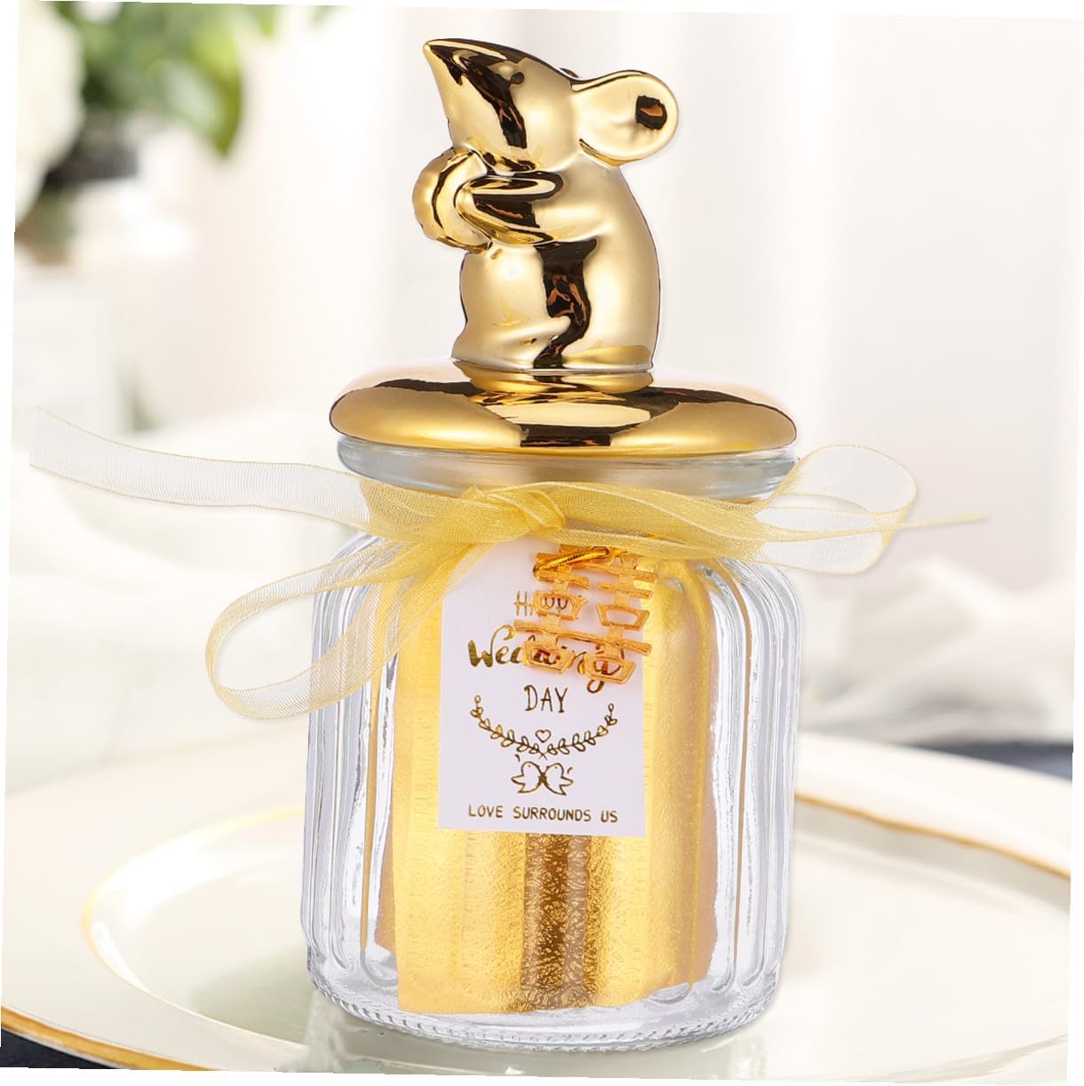 VALICLUD Glass Candy Jar Sealed Candy Can with Gold Overgild Ceramic Lid, Airtight Snack Bottle for Wedding Party Favors and Holiday Keepsakes