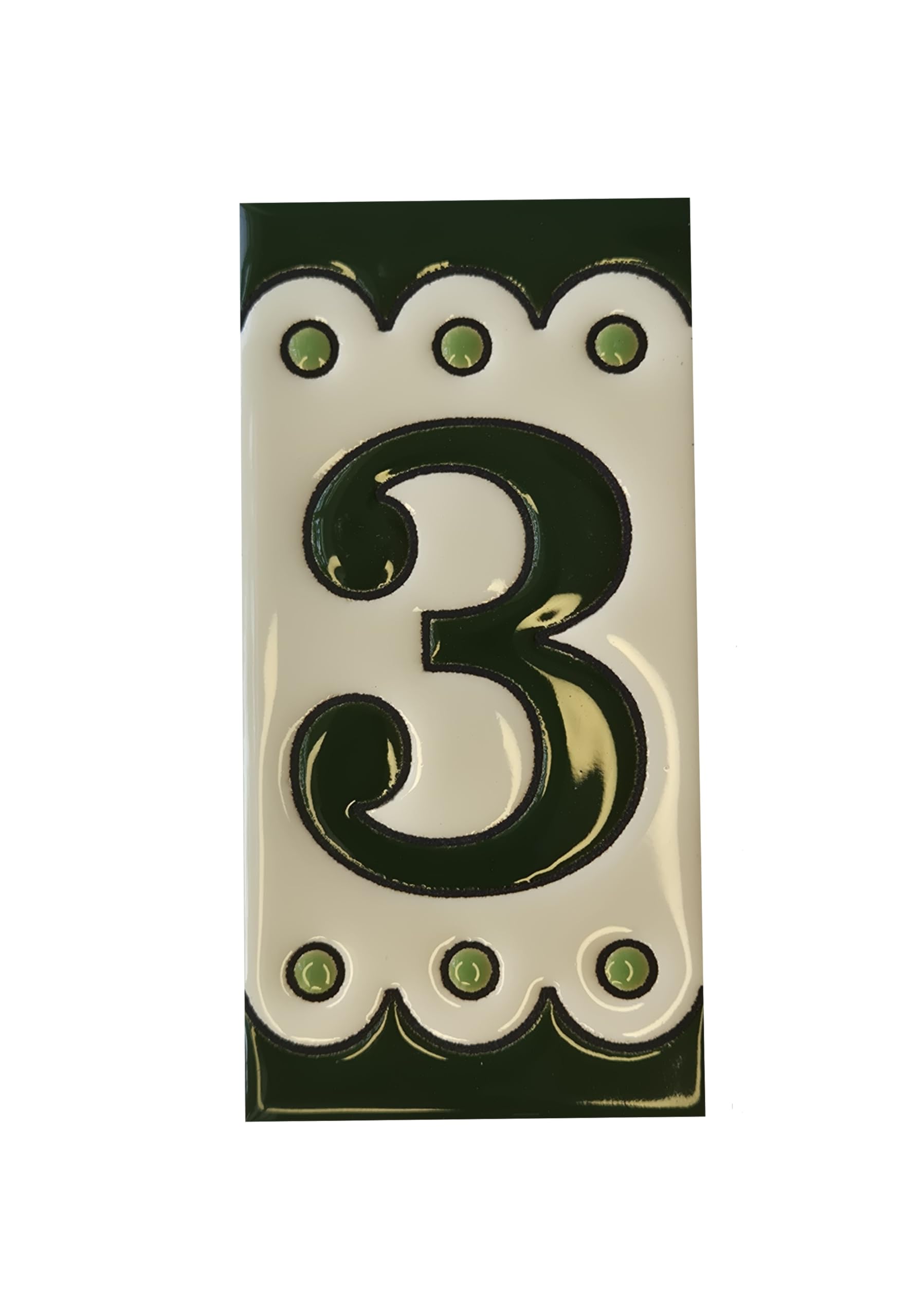 Green M-7 Spanish Hand-painted Ceramic Number Tiles 11 x 5.5 cm or 2.16 x 4.33" (Number 3 tile)