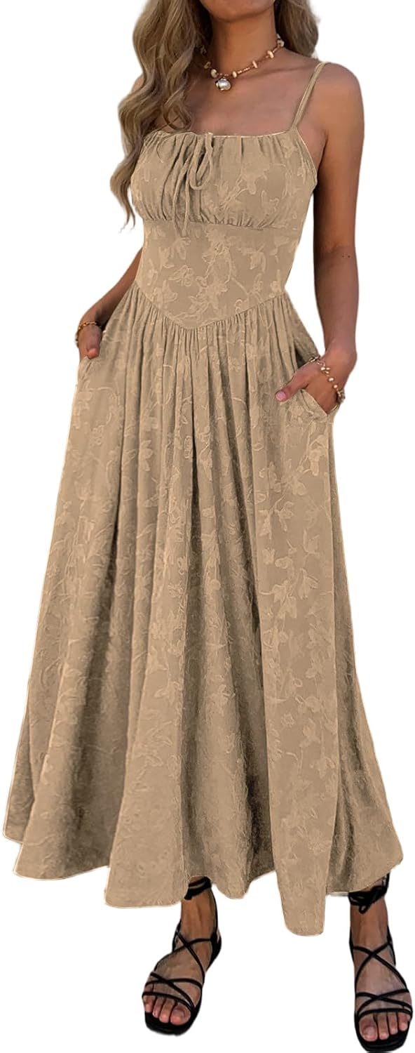 Women’s Floral Maxi Dress Spaghetti Strap Sleeveless Summer Dress Tie Front A Line Casual Long Dress with Pockets