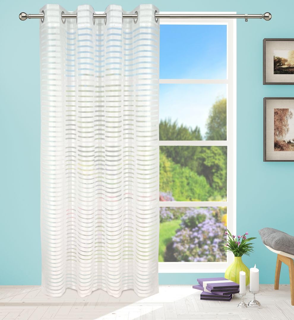 John Aird Paris Horizontal Stripe White Net Voile Eyelet Top Curtain Panel (55" Wide x 72" Drop)