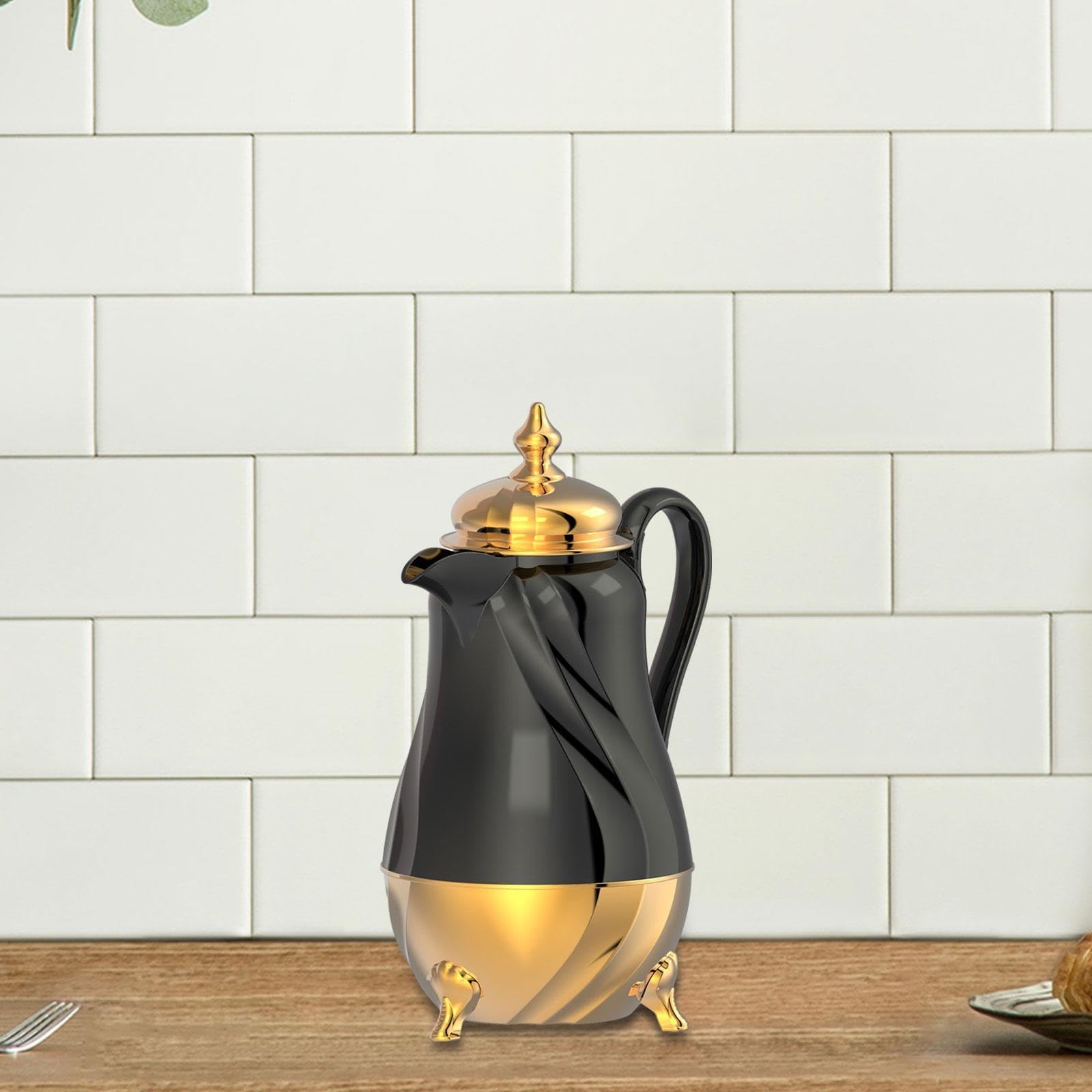 Generic Arabian Thermal Coffee Pot Insulated Coffee Carafe Housewarming Elegant Luxury 1.0L Hot Cold Water Bottle Tea Pot Tea Kettle, black gold