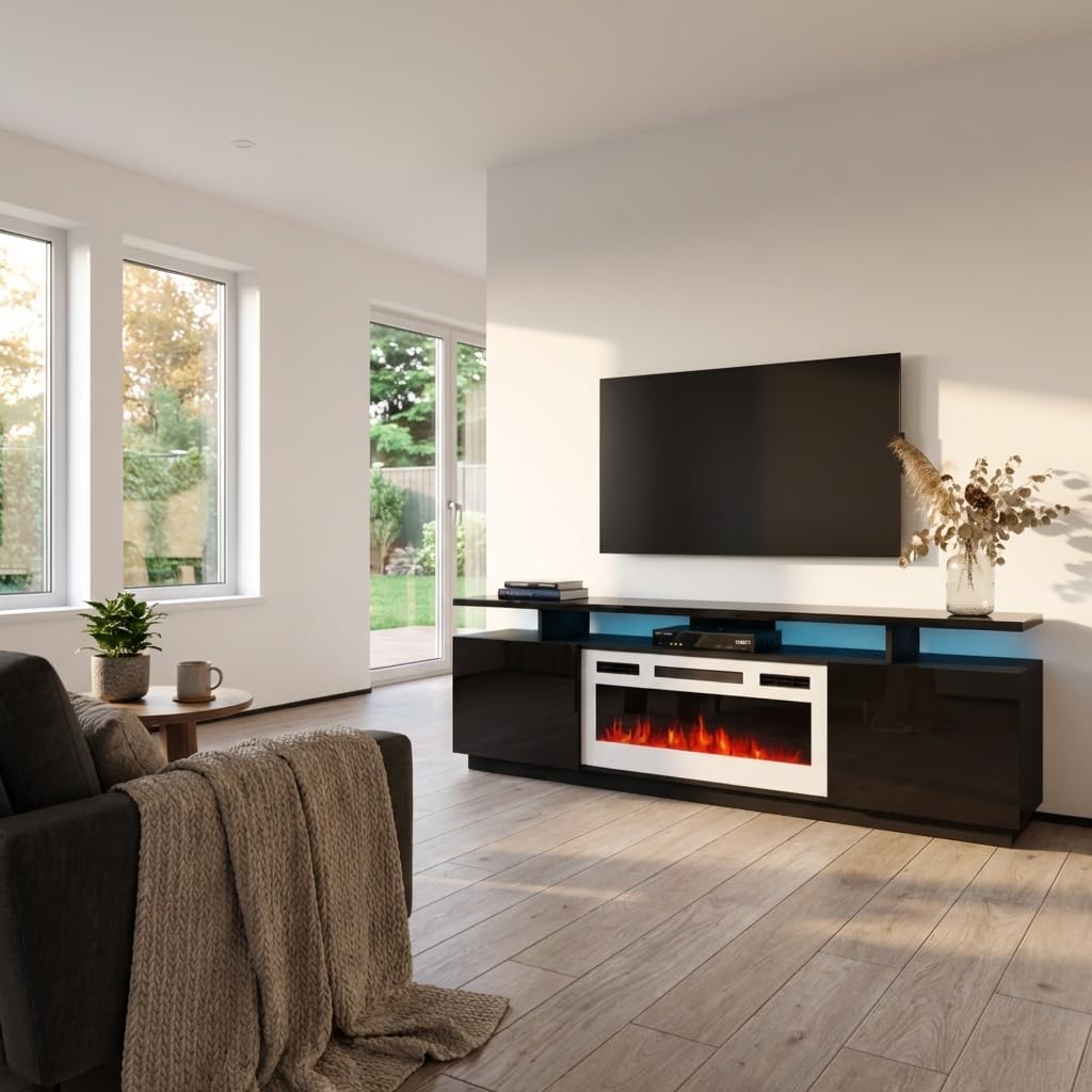 Meble Furniture Eva KWH Electric Fireplace TV Stand — Modern High Gloss Storage Media Console — Fits TVs up to 80", 63.8 x 16.9 x 22.6 in — Black