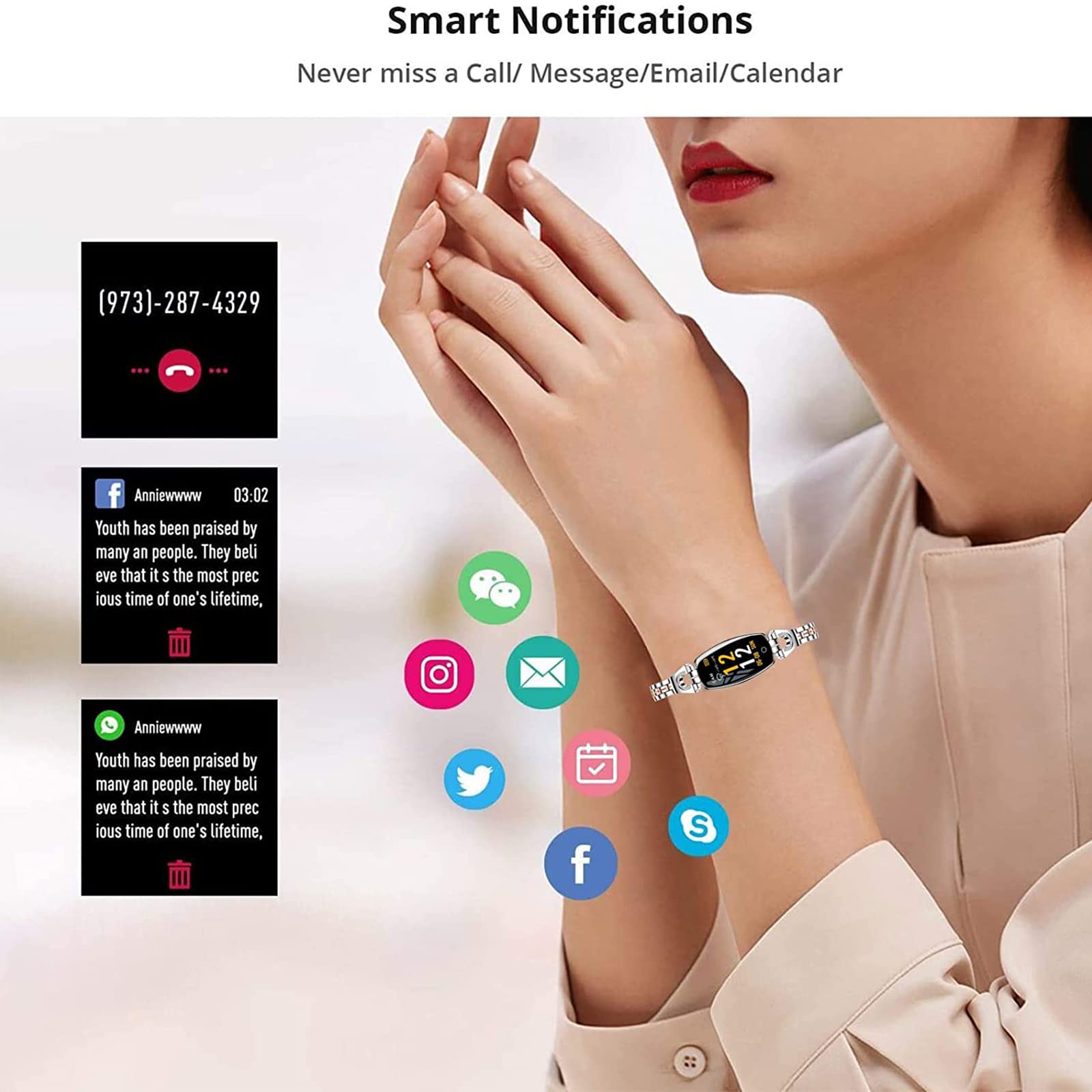 Damski smartwatch, modny ekran dotykowy, wodoodporny IP67, monitor aktywności z monitorem tętna, monitor snu dla systemu Android iOS, czarny