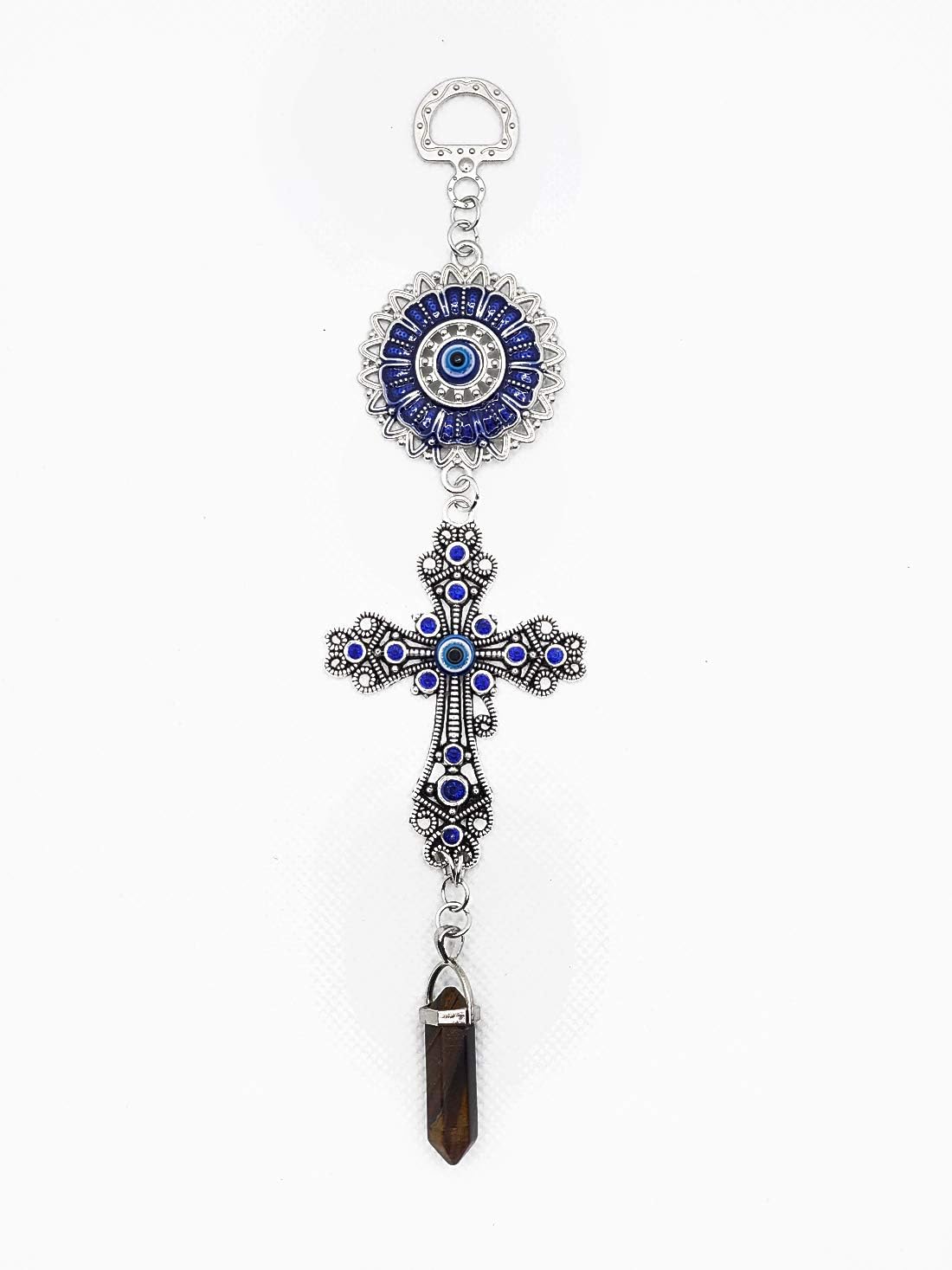 LUCKBOOSTIUM Blue Crystal Inlayed Cross & Blue Mandala Evil Eye Amulet w/Hanging Healing Stone, Nature, Energy, Rebirth