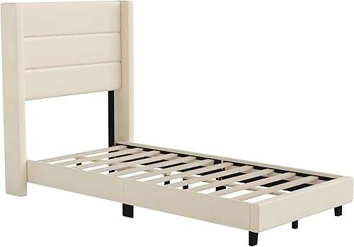 Miniatura 3 de EMMA + OLIVER Holt Modern - Cama de plataforma - Tapicería de lino sintético beige - Individual - Cabecero con respaldo copetudo - Sistema de