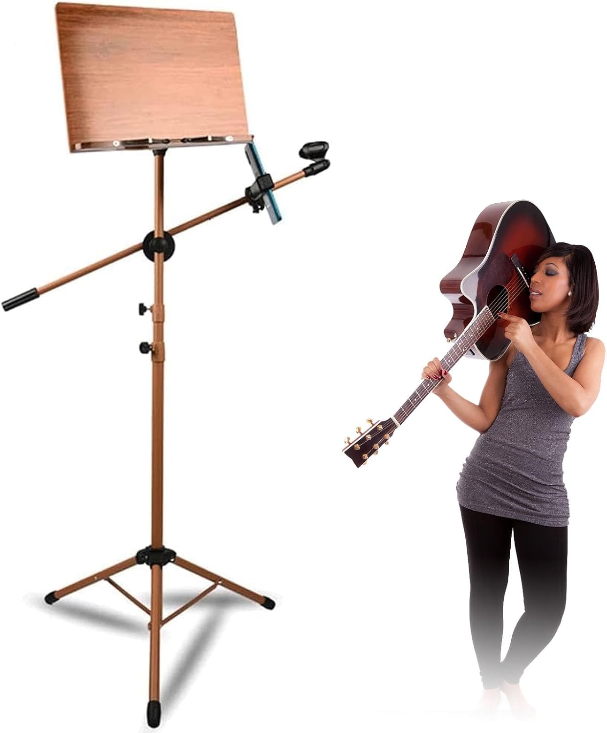Portable Orchestral Bamboo Music Holder with Mobile Phone Clip, Music Stand with 80-180cm Adjustable Height Metal Tripod, Foldable Book Stand for Home & Studio