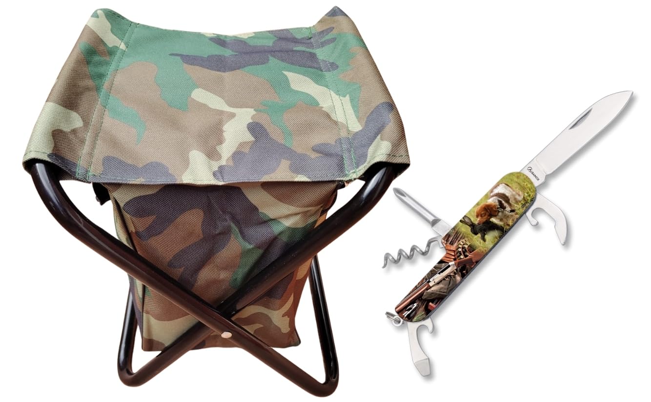 Pack Camping: Taburete Plegable y Portátil con Diseño de Camuflaje Bolsa + Navaja Multiusos 6 Funciones, Acero 3Cr13, Hoja 6,3 cm. para Camping y Caza (Caza)