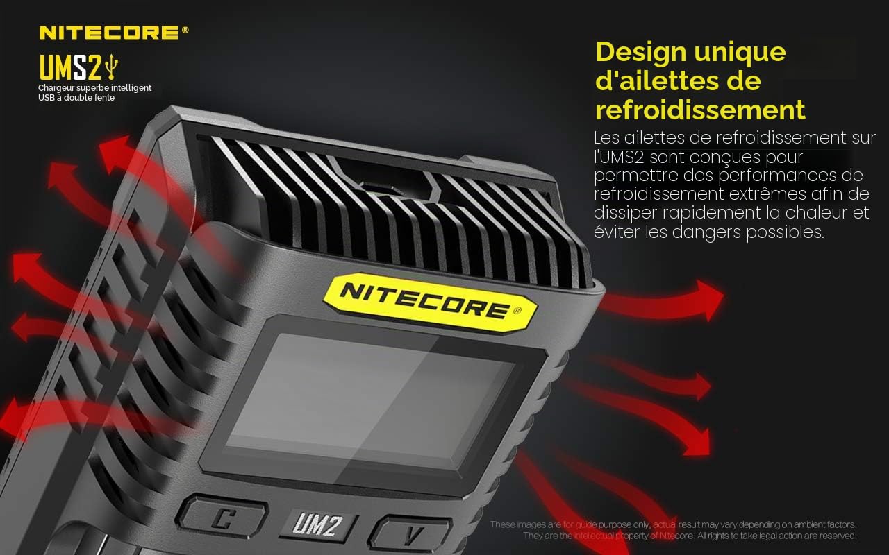 Nitecore Chargeur Universel Intelligent 2 Ports UMS2 USB à Chargement Rapide pour Li-ION/Ni-MH/Ni-CD/IMR 26650 21700 20700 20700 18650 18490 18350 17335 16340 RCR123 14500 10440 AA AAA Batteries