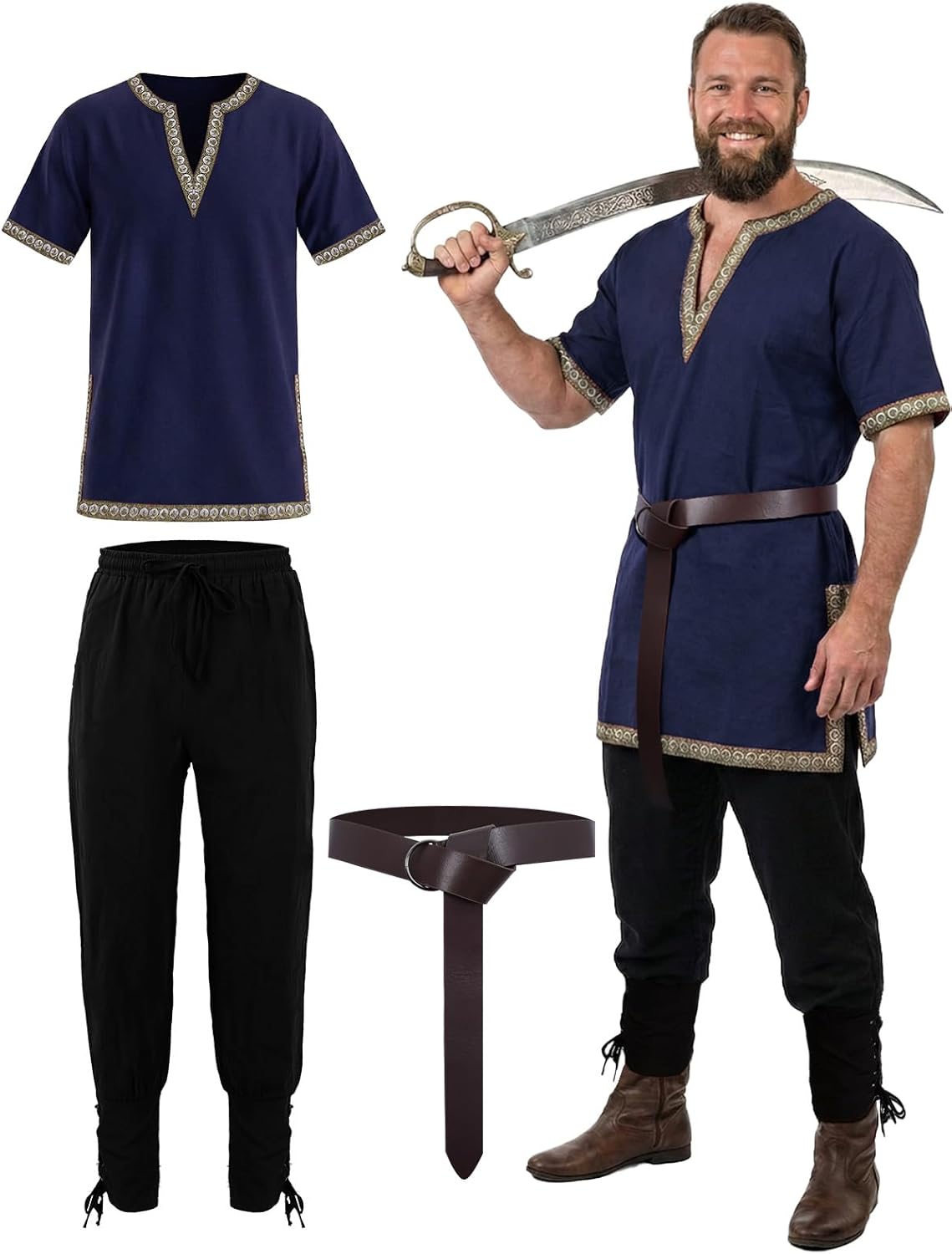 Renaissance Medieval Knight Costume for Men - 3PC Pirate Viking V-neck Tunic Set Ha...