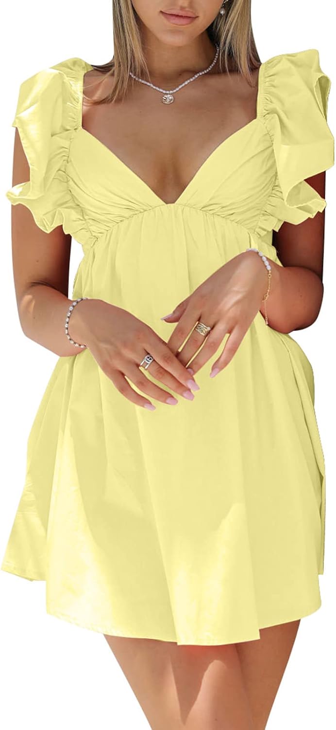hibshaby Womens Sexy Deep V Neck Ruffle Sleeve Mini Dress Backless Lace Up Summer Dresses - Image 3