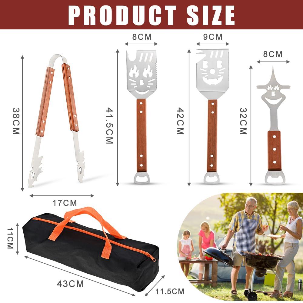 Accessori BBQ, Set Barbecue, Multifunzionali Kit Attrezzi Barbecue, con Maniglia in Legno, Coltello e Forcello, Sega, Regalo Uomo, Regali per Papà Giornata del Padre (4 Pezzi, ABCD)