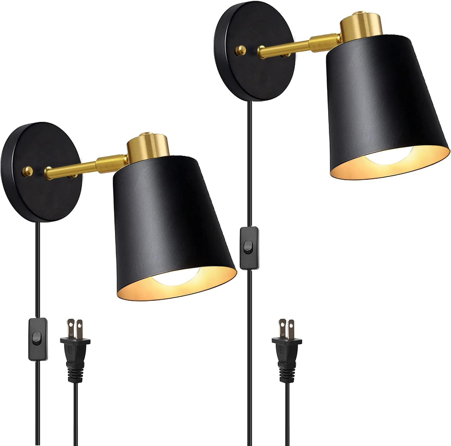 Plug in Wall Sconces Set of 2,Wall Decor Wall Lamp with Plug in Cord,Rotatable Angle Black Wall Lamp,Metal Vintage Industrial Wall Mounted Light Reading Light for Bedroom Bedside Living Room (Black)