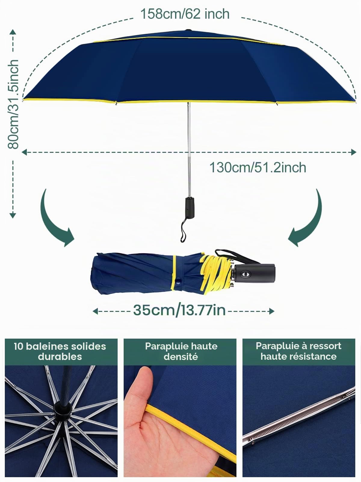 Kalolary Parapluie de golf de 157,5 cm, ouverture automatique, coupe-vent, grand auvent double, parapluie pliable de voyage solide et surdimensionné