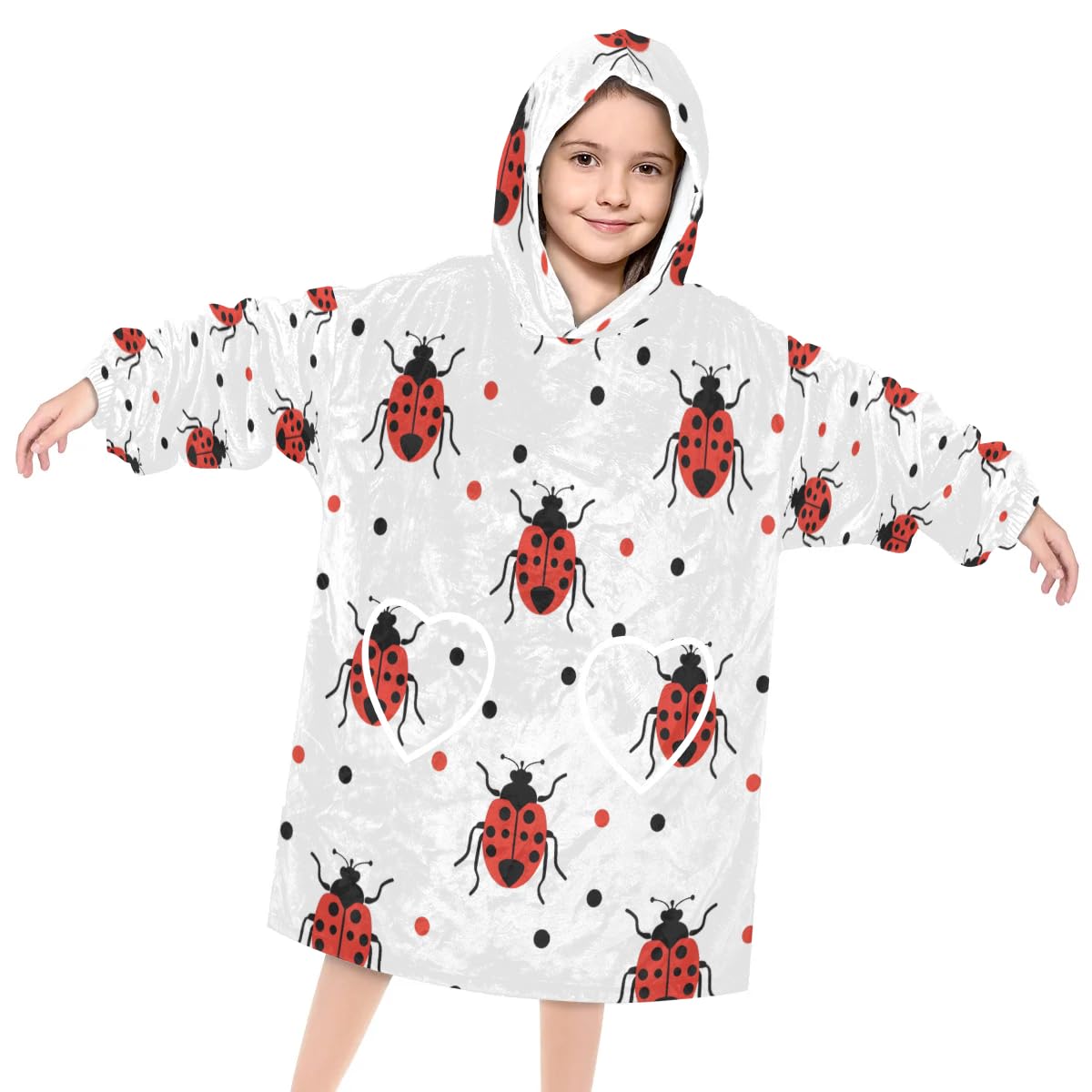 Pardick Wearable Blanket Hoodie for Kids, Tiny Ladybugs Fleece Sweatshirt Blanket Oversized Blanket Sweatshirt with Pocket Flannel Warm Hooded Blanket 6-10 Year Old Girl Boy Gift, One Size