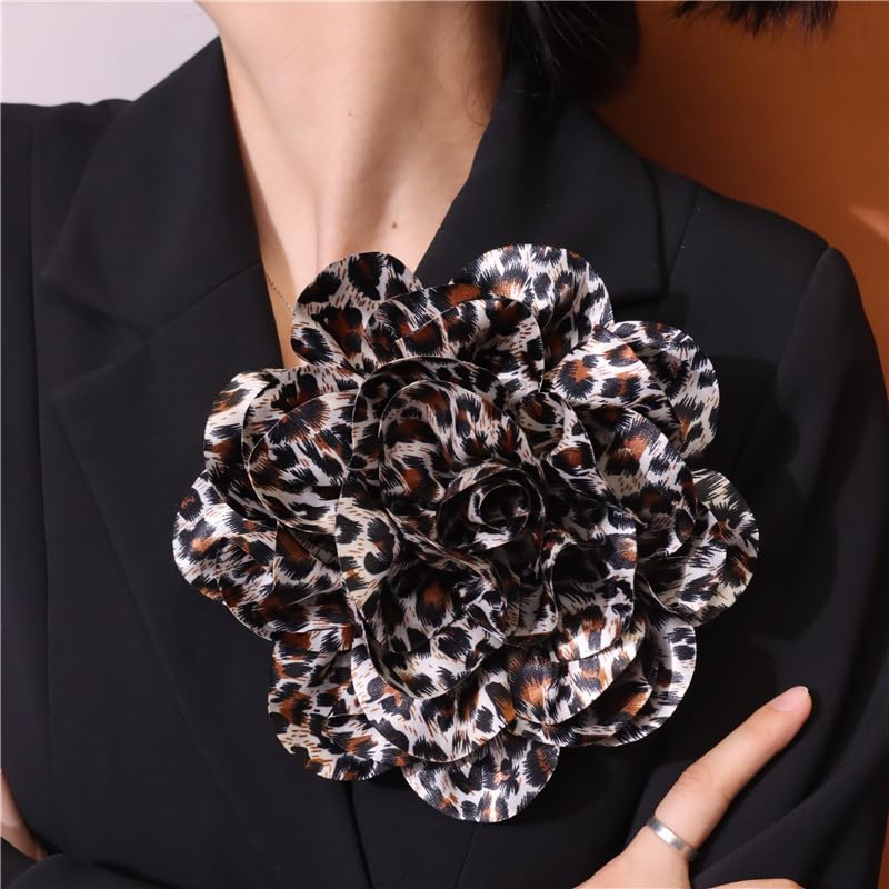 Image of Satin Fabric Rose Flower Brooches Dainty Leopard print Dyed Large Brooches Pins for Women Elegant Rose Flower Brooches Wedding Party Dance Dress Suit Ceremony Clothes Accessories Jewelry 7.5in