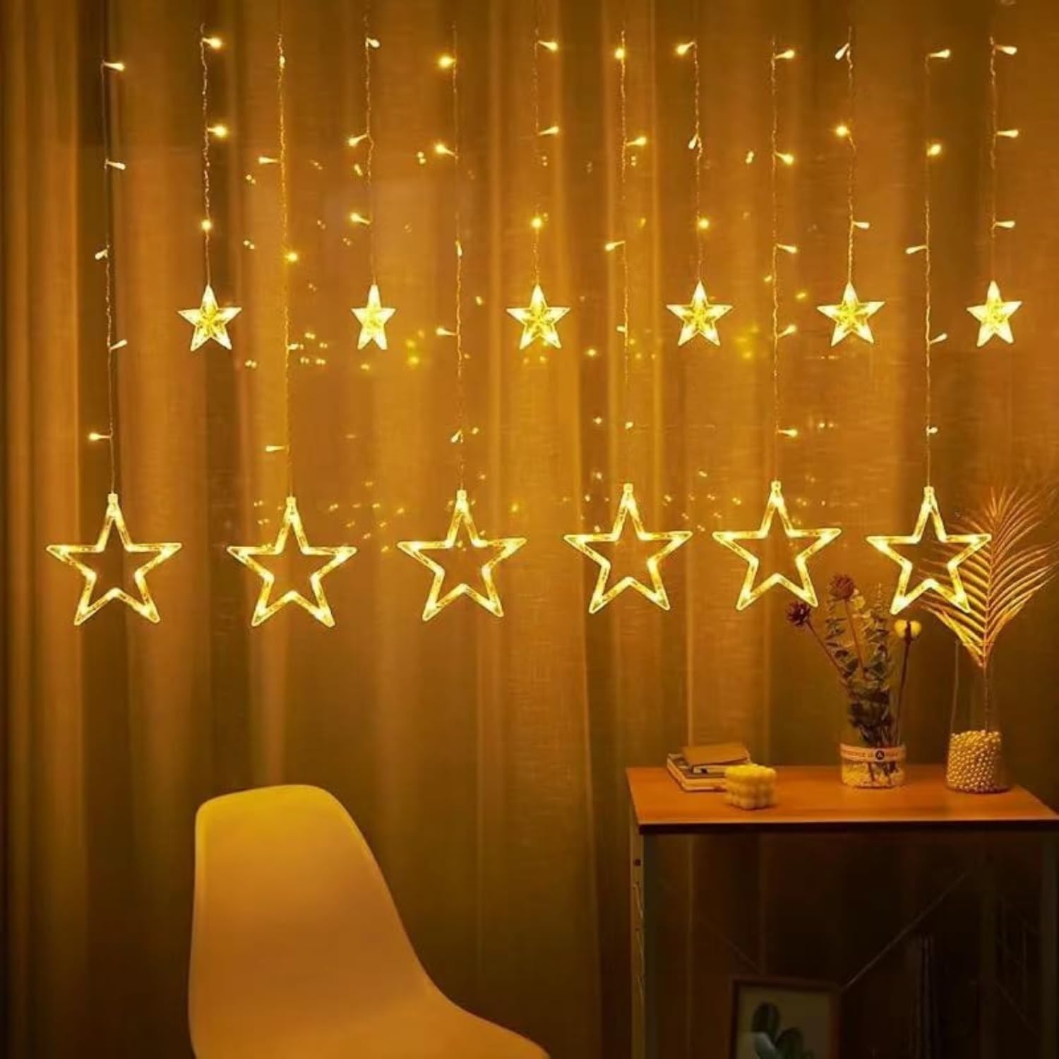 One94Store 12 Star LED Curtain String Lights – 3m Decorative Fairy Lights with 8 Lighting Modes(6+6 Star Design), 108 LEDs for Home, Wedding, Festival & Party Decoration (Warm White)