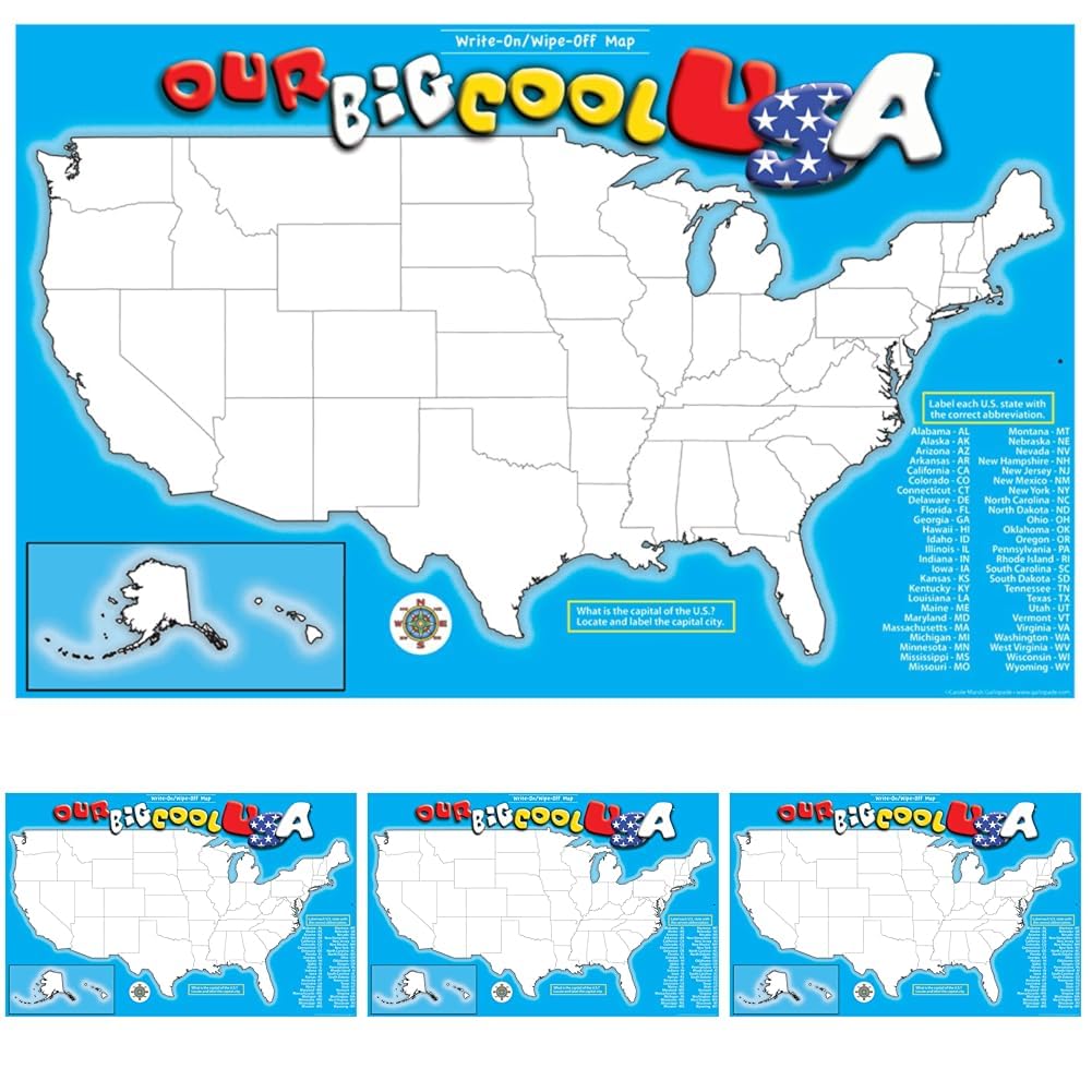 Gallopade Publishing Group USA Write-On/Wipe-Off Desk Mat, States Map (9780635107282) Large (Pack of 4)