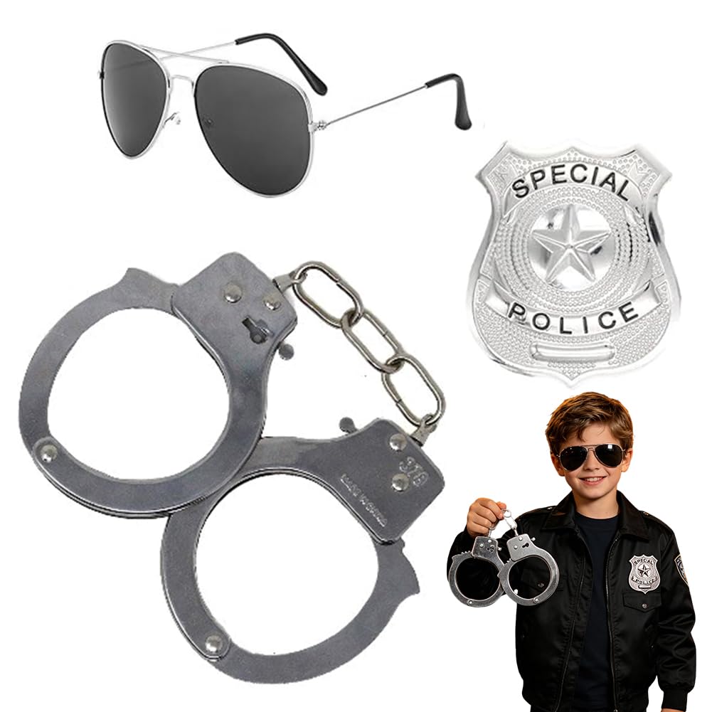 HATFRYF Adults Police Costume Accessories, Include Aviator Sunglasses Fancy Dress, Metal Handcuffs and Police Badge, Police Accessories Costume Fancy Dress for Adults Kids - 3PCS