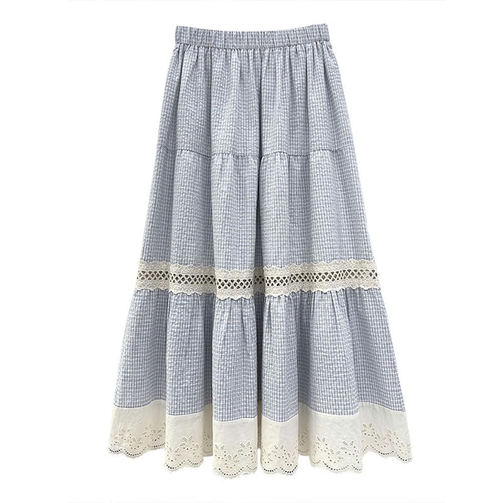 chouyatou Womens Cute Plaid Ruffle Hem Skirt Hollow Out Eyelet Elastic Waist Swing Midi Long Skirt