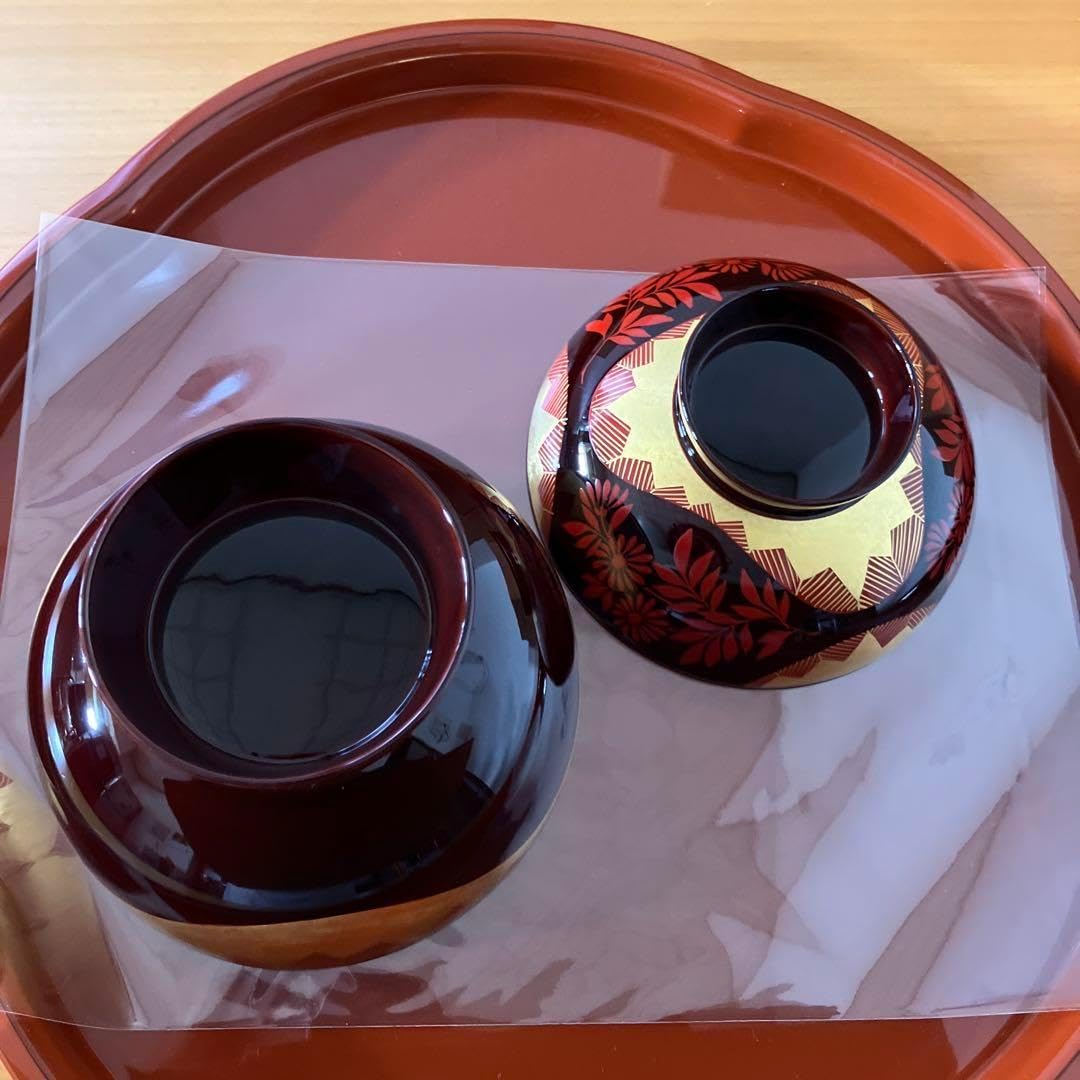 【未使用】山中漆器 金箔 溜色内黒 天然木 背高 菊秀衡 雑煮椀 煮物椀 2客 山中漆器 金箔 溜色内黒 天然木 背高 菊秀衡 雑煮椀