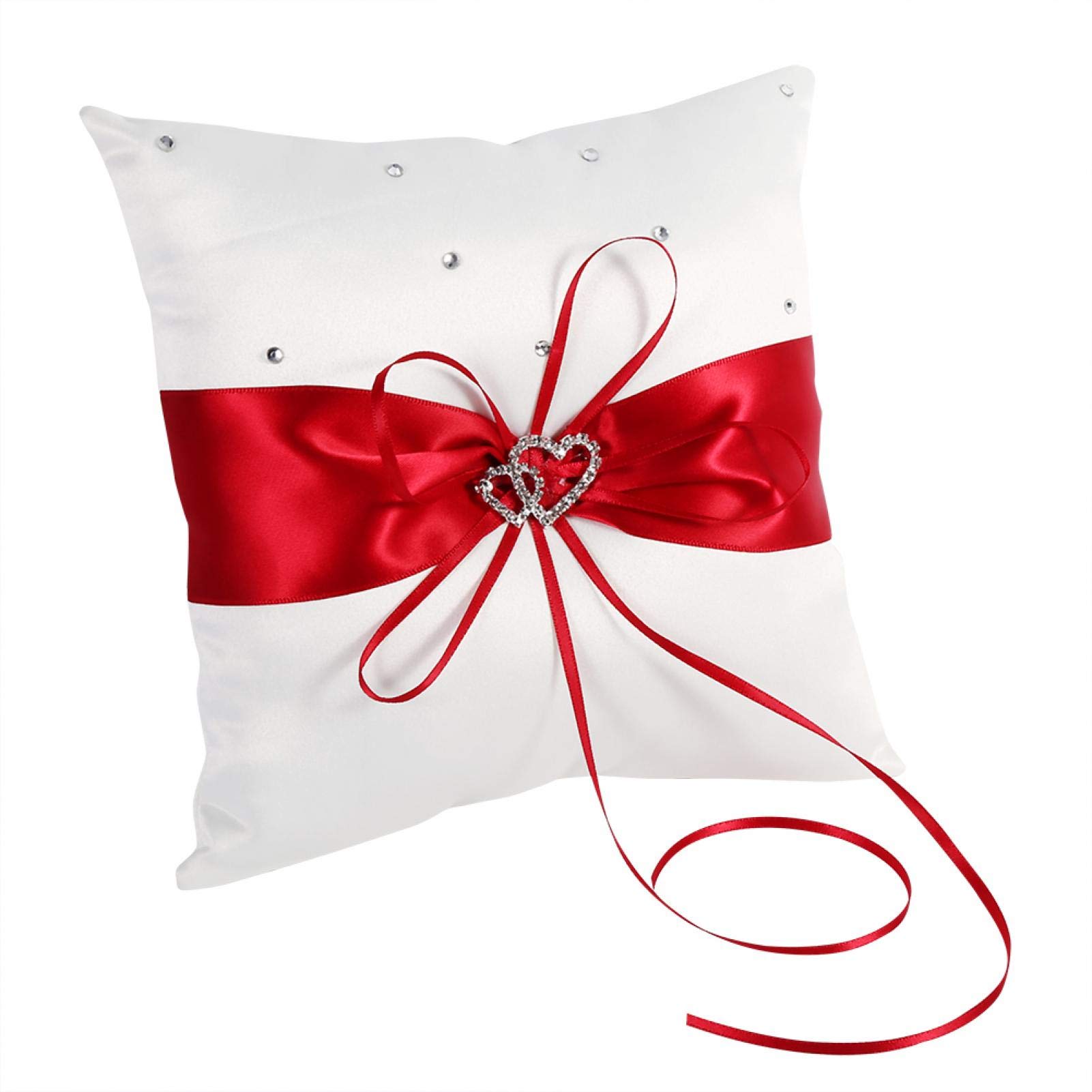 Cuscino per Fedi Nuziali, Cuscino per Fedi Matrimonio, 20 * 20cm Cuscino per Anello Nuziale con Fiocco in Raso con Diamanti a Doppio Cuore per Accessori per Matrimonio (Rosso)