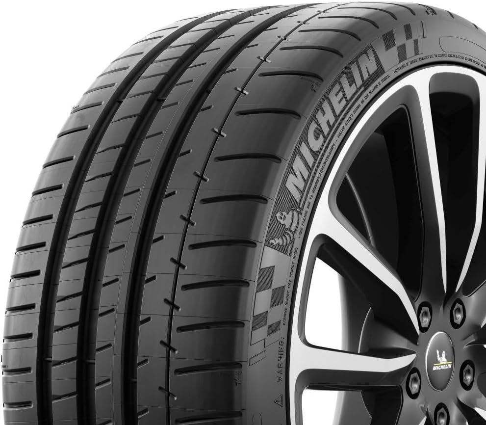 Close-up of Michelin Pilot Super Sport tire sidewall and tread, showing markings.